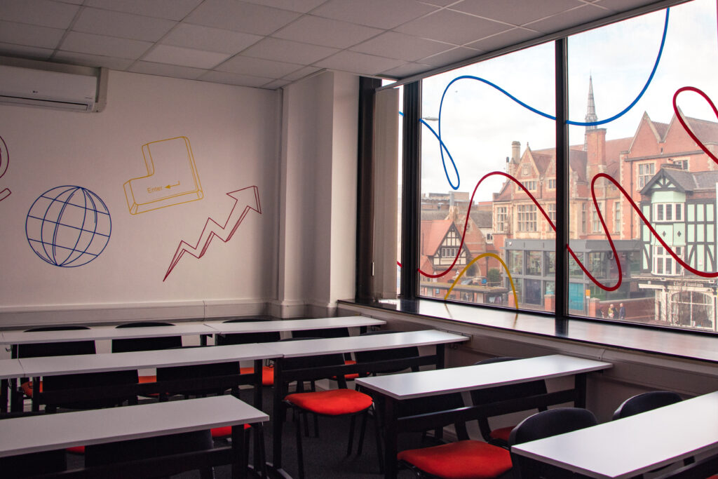 BAJ Leicester campus new look signage, Business classroom and city view